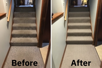 Visual comparison of new and worn carpet in high-traffic areas