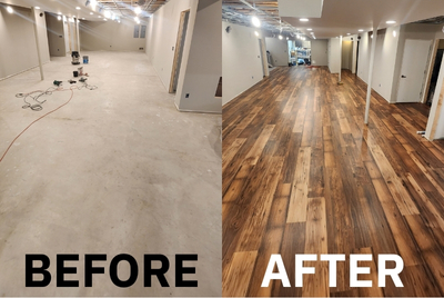 Before and after photo of a basement with new waterproof vinyl flooring